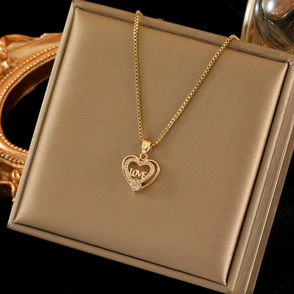 Wholesale Stainless Steel Box Chain Heartshaped Necklace With Mixed Gemstone Inlay Pendant And Electroplating Treatment