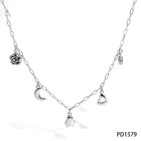 Wholesale Stainless Steel Bracelet And Necklace Set With Simple Animal Pendant In Penguin Paw Moon Flower Bear Pig Shapes Electroplated