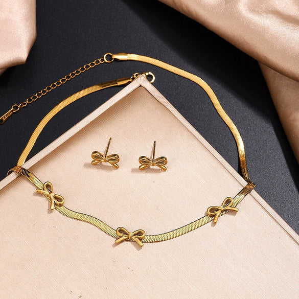 Wholesale Stainless Steel Butterfly Dragonfly Insect Pattern Bowknot 18K Plated Jewelry Set Of Necklace And Earrings For Women