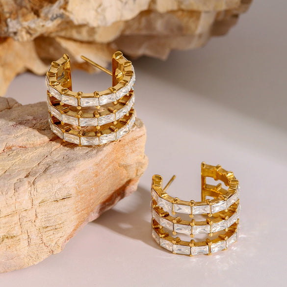Wholesale Stainless Steel C Shaped Earrings With Inlaid Zircon For Women Featuring Letters Numbers Text Design