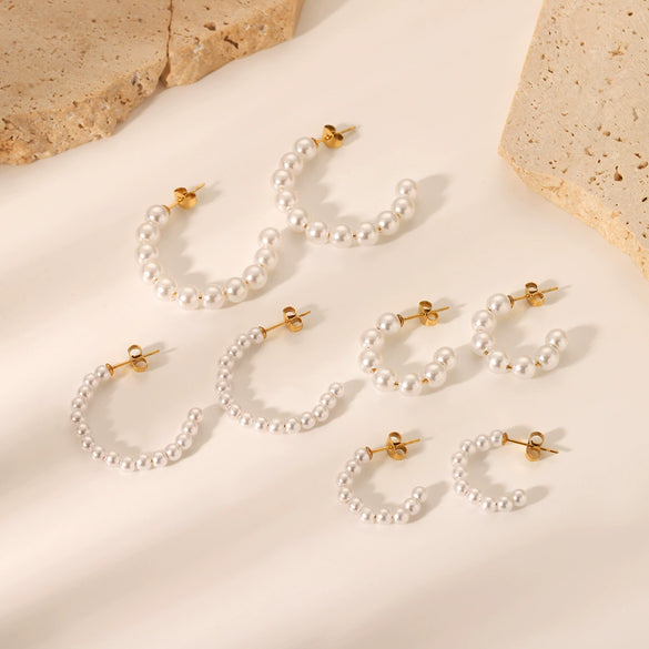 Wholesale Stainless Steel C Shaped Pearl Earrings For Women Geometric Style Electroplated