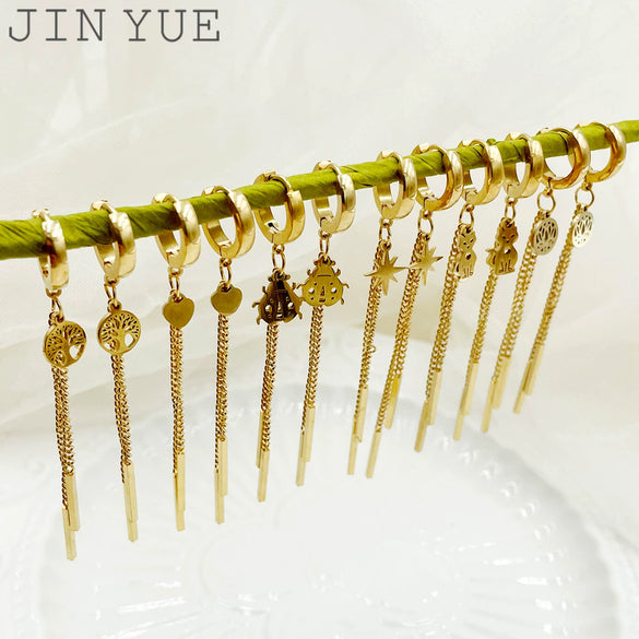 Wholesale Stainless Steel Chain Tassel Earrings Electroplated With Sun Moon Stars Flowers Animal Shapes