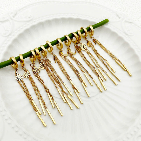 Wholesale Stainless Steel Chain Tassel Earrings Electroplated With Sun Moon Stars Flowers Animal Shapes