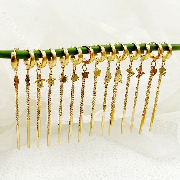 Wholesale Stainless Steel Chain Tassel Earrings Electroplated With Sun Moon Stars Flowers Animal Shapes