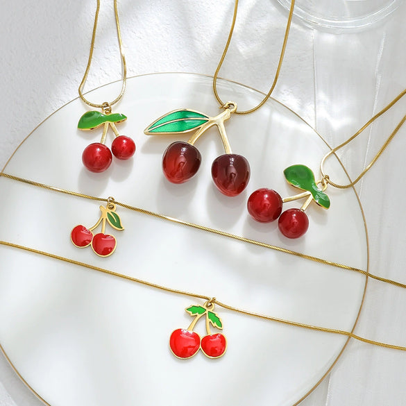 Wholesale Stainless Steel Cherry Pendant Necklace With Snake Bone Chain Electroplating Fashion Minimalist Design