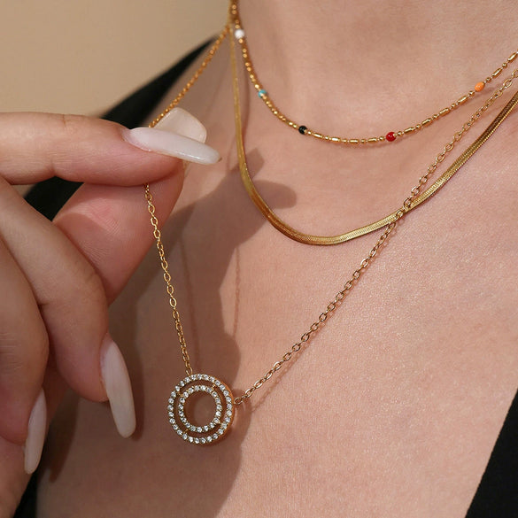 Wholesale 316L Stainless Steel Circle Pendant Clavicle Necklace And Bracelet Set With Electroplating And Chain Pattern