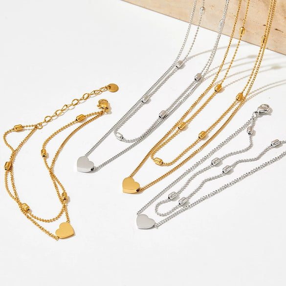 Wholesale Stainless Steel Clavicle Chain With Oval Beads And Double Layer Vacuum Electroplated Gold Rhombus Pattern For Women
