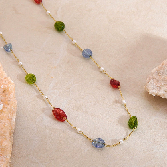 Wholesale Stainless Steel Colorful Bead Necklace And Bracelet Set 18K Gold Plated With Round Pearl Design For Women