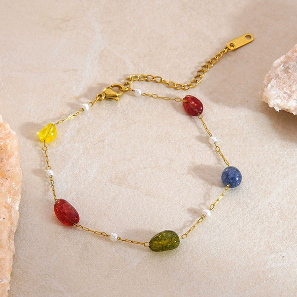 Wholesale Stainless Steel Colorful Bead Necklace And Bracelet Set 18K Gold Plated With Round Pearl Design For Women