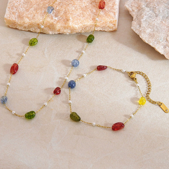 Wholesale Stainless Steel Colorful Bead Necklace And Bracelet Set 18K Gold Plated With Round Pearl Design For Women