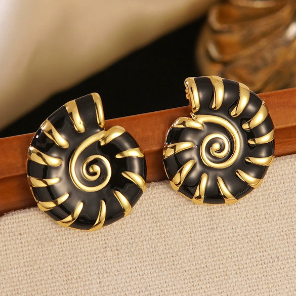 Wholesale Stainless Steel Conch Earrings For Women Retro Style With Enamel Filling And Gold Plating Geometric Design