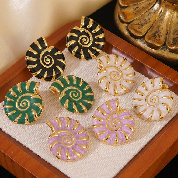 Wholesale Stainless Steel Conch Earrings For Women Retro Style With Enamel Filling And Gold Plating Geometric Design