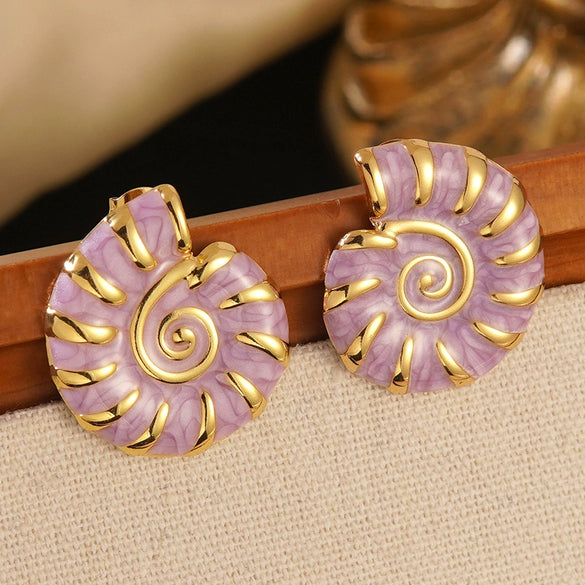 Wholesale Stainless Steel Conch Earrings For Women Retro Style With Enamel Filling And Gold Plating Geometric Design