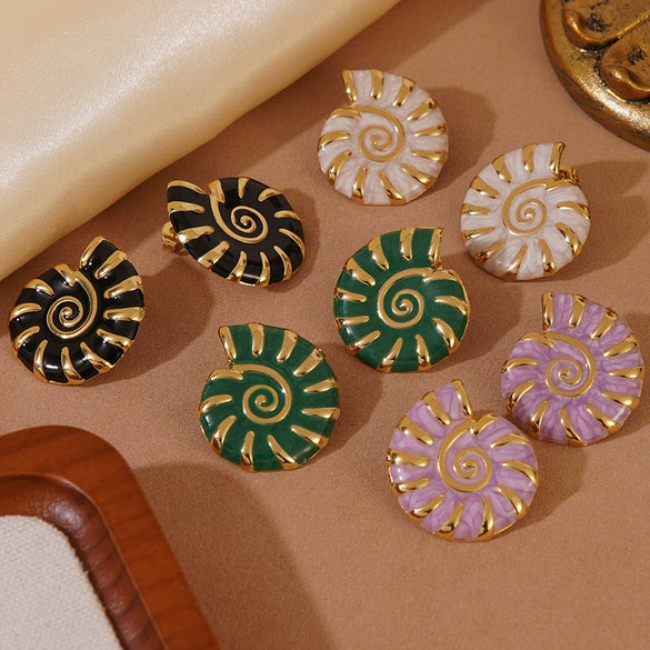 Wholesale Stainless Steel Conch Earrings For Women Retro Style With Enamel Filling And Gold Plating Geometric Design