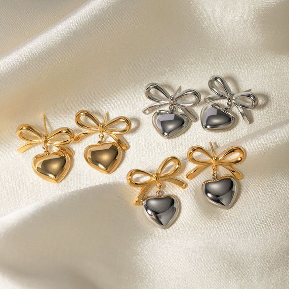 Wholesale Stainless Steel Contrast Color Love Bow Earrings With Electroplating For Women