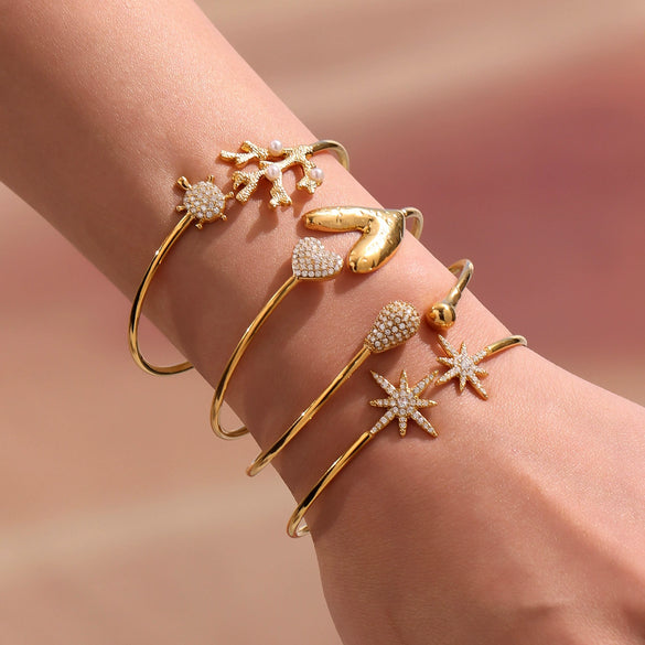Wholesale 316L Stainless Steel Coral Shell Bead Open Bracelet Plated With Gold Heart Star Zircon Bracelet