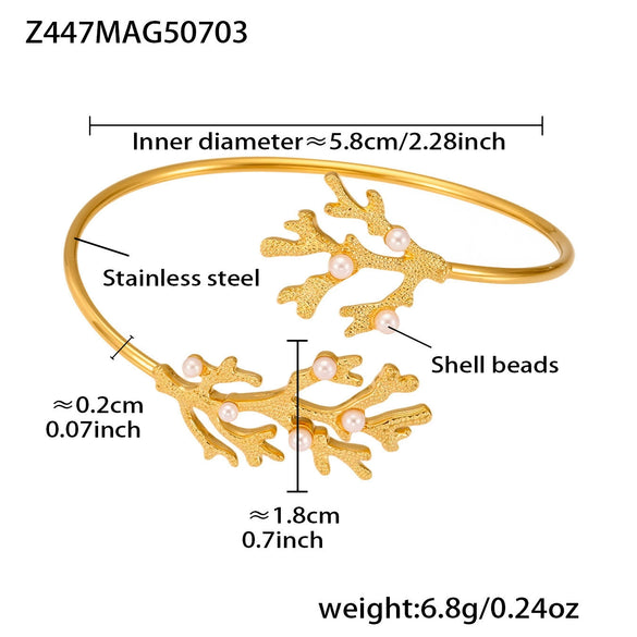 Wholesale 316L Stainless Steel Coral Shell Bead Open Bracelet Plated With Gold Heart Star Zircon Bracelet