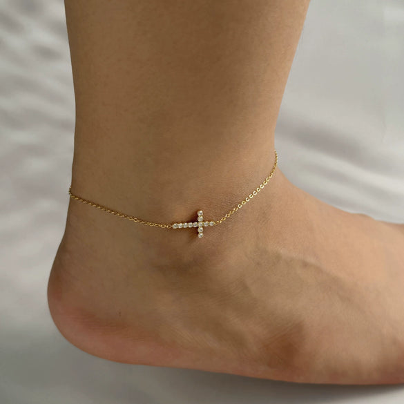 Wholesale Stainless Steel Cross Anklet With Gold Plated Artificial Gemstones And Semi Precious Stones Inlaid Fashionable And Simple Design