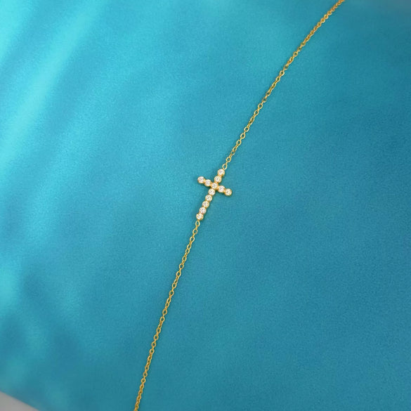 Wholesale Stainless Steel Cross Anklet With Gold Plated Artificial Gemstones And Semi Precious Stones Inlaid Fashionable And Simple Design