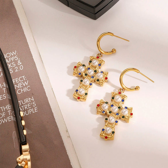Wholesale Stainless Steel Cross Earrings With Colored Diamonds Geometric Style Electroplated For Women