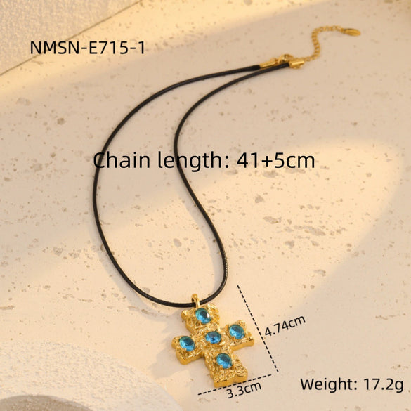 Wholesale Stainless Steel Cross Zircon Titanium Steel Necklace Leather Rope Clavicle Chain Jewelry Electroplated For Women Fashion Style