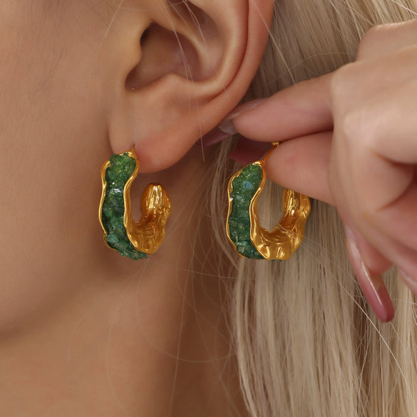 Wholesale 316L Stainless Steel Crystal Geometric Ctype Earrings Pvd Goldplated