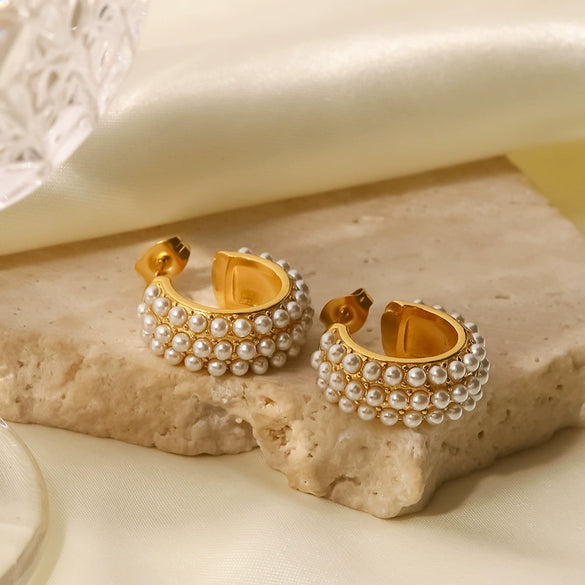 Wholesale Stainless Steel Cshaped Geometric Style Pearl Earrings For Women