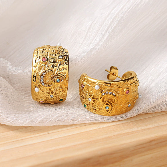 Wholesale 316L Stainless Steel Cshaped Inlaid Rhinestone Imitation Pearl Electroplated Women's Earrings Retro Style