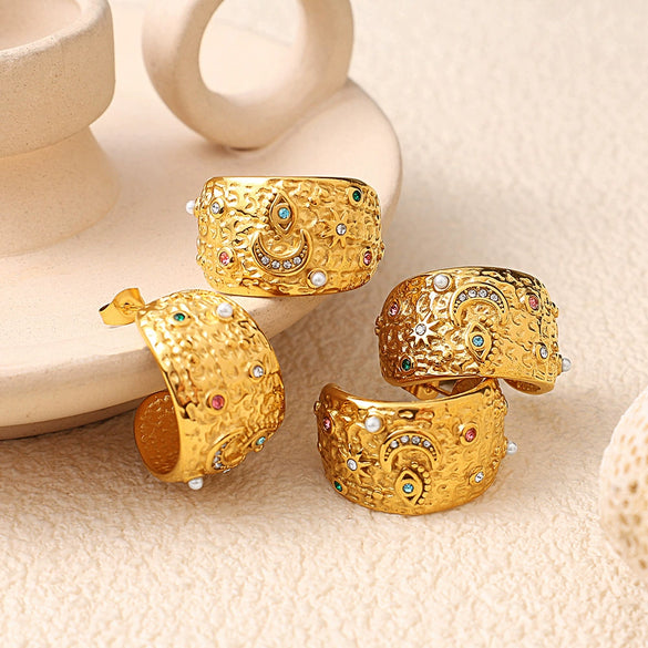 Wholesale 316L Stainless Steel Cshaped Inlaid Rhinestone Imitation Pearl Electroplated Women's Earrings Retro Style
