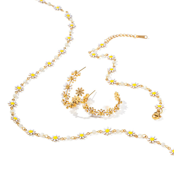 Wholesale Stainless Steel Daisy Flower Bracelet Set With 18K Vacuum Plating