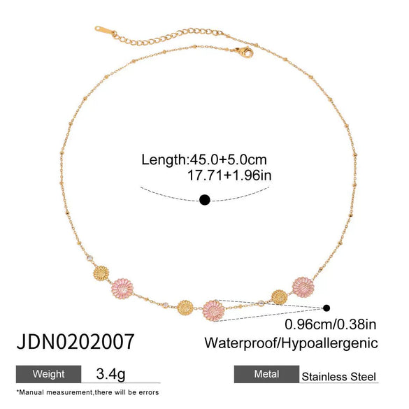 Wholesale Stainless Steel Daisy Geometric Pattern Diamond Pink Necklace With 18K Gold Electroplating