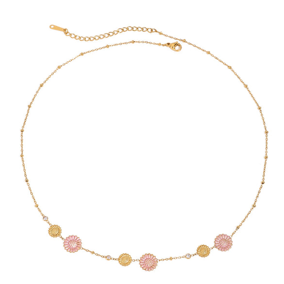 Wholesale Stainless Steel Daisy Geometric Pattern Diamond Pink Necklace With 18K Gold Electroplating