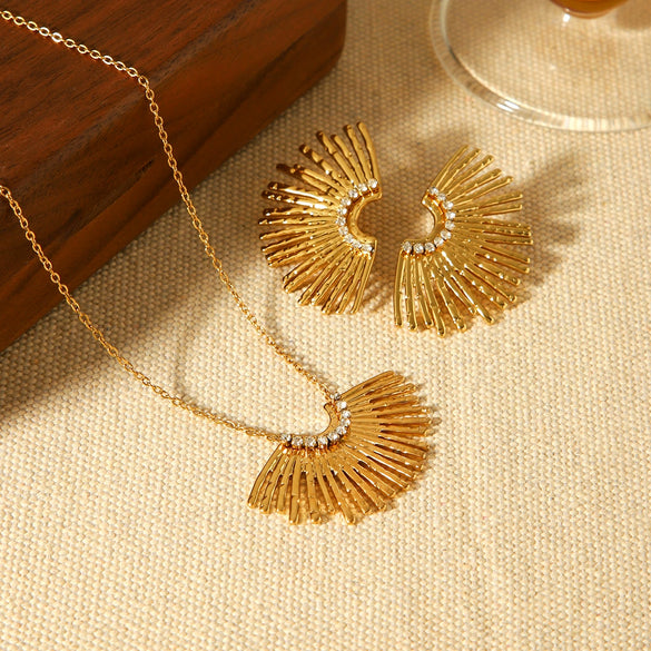 Wholesale Stainless Steel Diamondencrusted Geometric Fanshaped Pendant Necklace And Earrings For Women