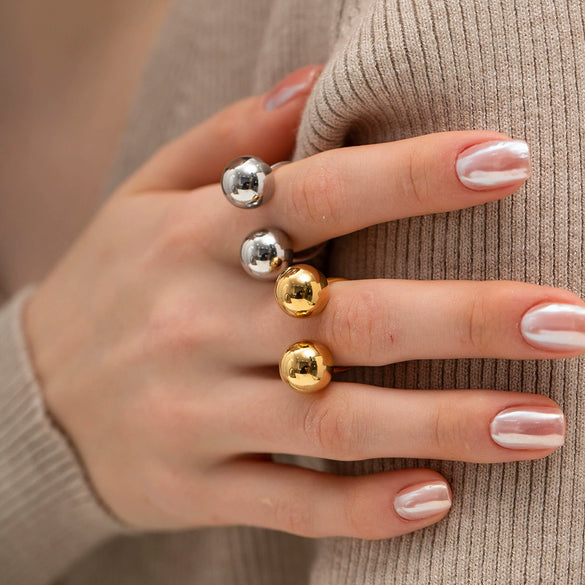 Wholesale Stainless Steel Double Ball Opening Ring Jewelry With Geometric Design And Electroplating For Women