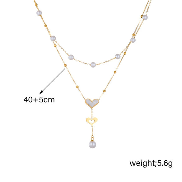 Wholesale Stainless Steel Double Chain Pearl Butterfly Tassel Pendant Necklace With Electroplating For Women