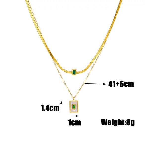 Wholesale Stainless Steel Double Chain Square Green Rhinestone Inlaid Pendant Necklace With Electroplating For Women