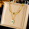 Wholesale Stainless Steel Double Chain Square Green Rhinestone Inlaid Pendant Necklace With Electroplating For Women
