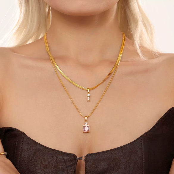 Wholesale 316L Stainless Steel Double Layer Blade Chain Square Zircon Light Luxury Niche Necklace With Electroplating
