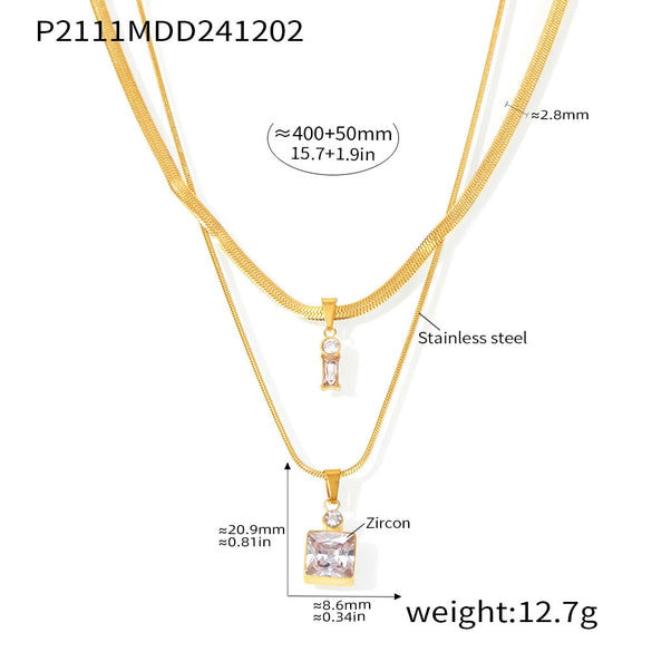 Wholesale 316L Stainless Steel Double Layer Blade Chain Square Zircon Light Luxury Niche Necklace With Electroplating