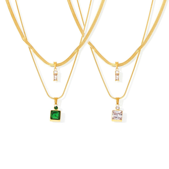 Wholesale 316L Stainless Steel Double Layer Blade Chain Square Zircon Light Luxury Niche Necklace With Electroplating