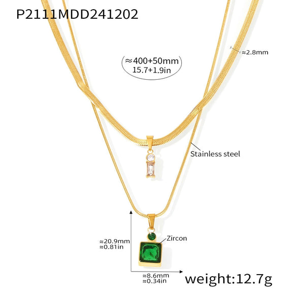 Wholesale 316L Stainless Steel Double Layer Blade Chain Square Zircon Light Luxury Niche Necklace With Electroplating