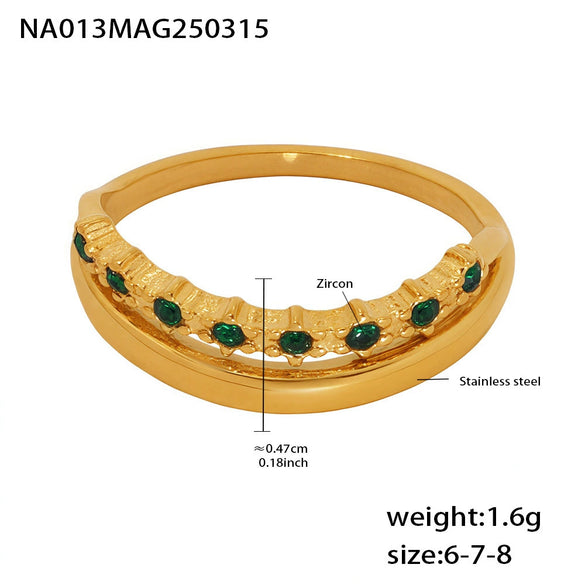 Wholesale Stainless Steel Double Layer Green Zircon Ring Tail Ring With Geometric Pattern Light Luxury Style Electroplated