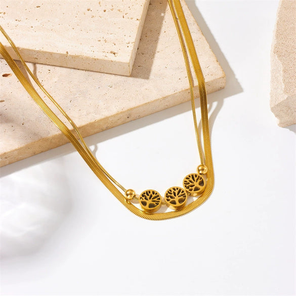 Wholesale Stainless Steel Double Layer Round Tree Of Life Electroplated Snake Bone Chain Necklace For Women
