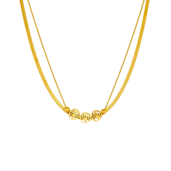 Wholesale Stainless Steel Double Layer Round Tree Of Life Electroplated Snake Bone Chain Necklace For Women