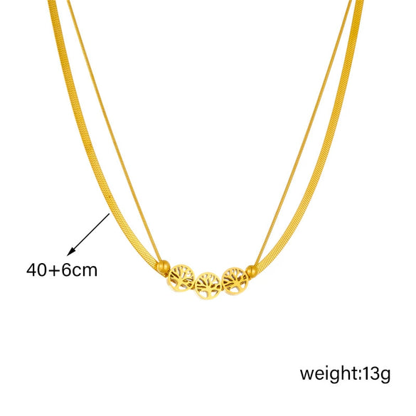 Wholesale Stainless Steel Double Layer Round Tree Of Life Electroplated Snake Bone Chain Necklace For Women