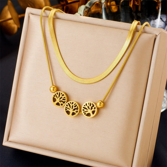Wholesale Stainless Steel Double Layer Round Tree Of Life Electroplated Snake Bone Chain Necklace For Women