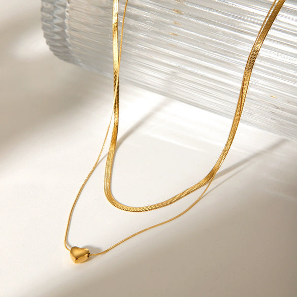 Wholesale Stainless Steel Double Layer Snake Bone Chain Heart Pattern Electroplated Women's Necklace