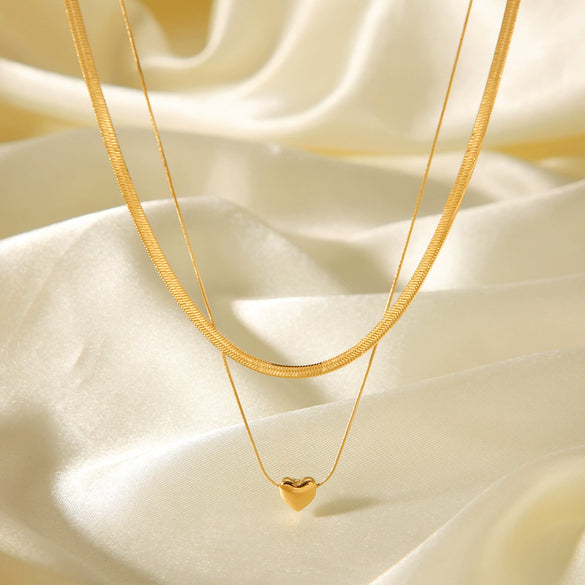 Wholesale Stainless Steel Double Layer Snake Bone Chain Heart Pattern Electroplated Women's Necklace