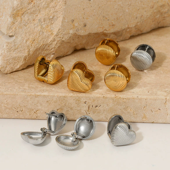 Wholesale Stainless Steel Double Sided Round Heart Shaped Texture Earrings With Electroplating For Women