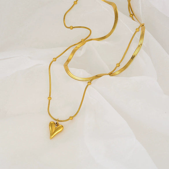 Wholesale Stainless Steel Doublelayer Love Peach Heart Necklace With Snake Bone Chain And Electroplating Treatment